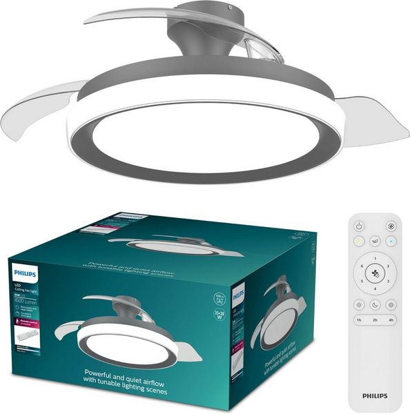 Philips LED Deckenleuchte Bliss 35W DC-Ventilator 28W, einziehbare Rotorblätter, Glitzeroptik, CCT - über Fernbedienung, Dimmer, Dimmfunktion, Ein-/Ausschalter, Farbsteuerung, Fernbedienung, Infrarot inkl, Memoryfunktion, Ventilatorfunktion, dimmbar üb...