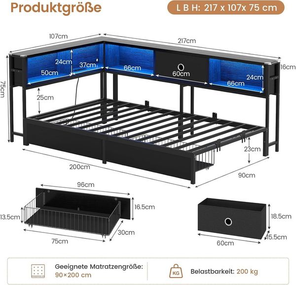 MSMASK Daybett Schlafsofa mit LED-Beleuchtung und Steckdose, Kinderbett, Jugendbett (1 tlg)