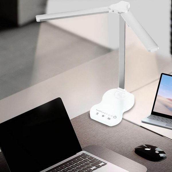 LQWELL Schreibtischlampe Doppelkopf-Schreibtischlampe LED Dimmbar, LED fest integriert, 5 Farben und 10 Helligkeitsstufen Augenfreundliche Leselampe, USB-Aufladung Touch-Steuerung & Memory-Funktion Timer