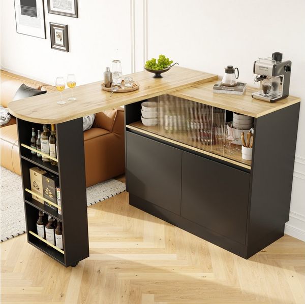 Flieks Bartisch 360° drehbar Stehtisch mit Sideboard (Set, 1-St, mit Rollen und Ablage), ausziehbar Esstisch mit 4 Türen Kommode Bistrotisch
