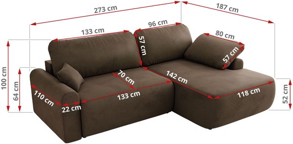 Ecksofa, L-förmiges, lose Kissen, DL-Schlaffunktion, (H 100 x T 187 x B 273 cm) - CUBO L - Velours Braun - linke Seite Bild 6