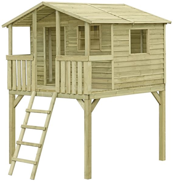Stelzenhaus SMART Leon - Holzfarben - Maße: 240 x 226 x 304 cm - Rutschenfarbe: Blau – mit Sandkasten - Material: Kiefernholz