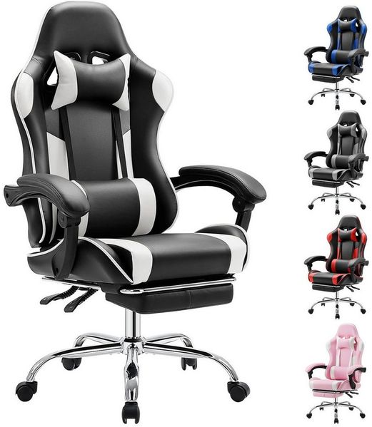 Refined Living Gaming-Stuhl Ergonomie Gaming chair mit Fußstütze, Kopfstütze Massage-Lendenkissen (Verstellbare Neigung auf der Rückseite Höhenverstellbar Computerstuhl), Gepolstert Bürostuhl Drehstuhl 360° für Erwachsene Mädchen Junge