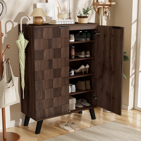 Schuhschrank 80 cm in dunkler Holzoptik, 4 verstellbare Einlegeböden, strukturierte Türen, eleganter Flurschrank