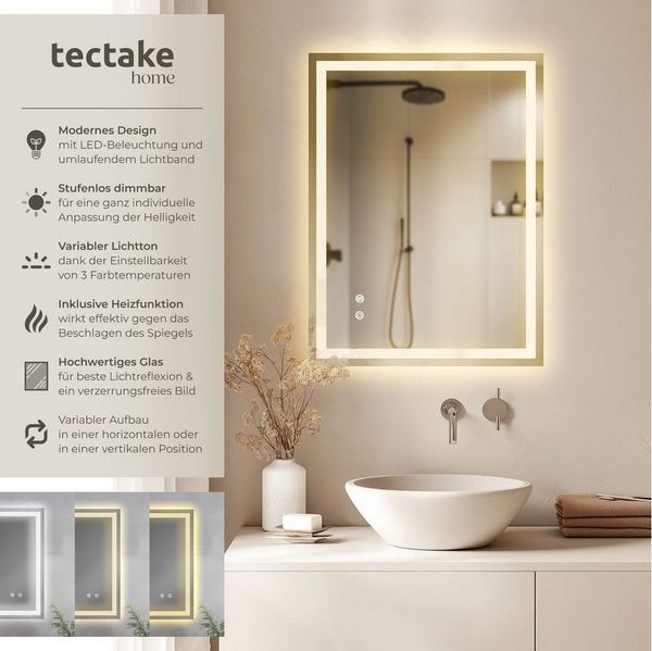 tectake LED-Lichtspiegel Rechteckiger LED Badezimmerspiegel (1-St), rahmenloses Design in 3 Größen