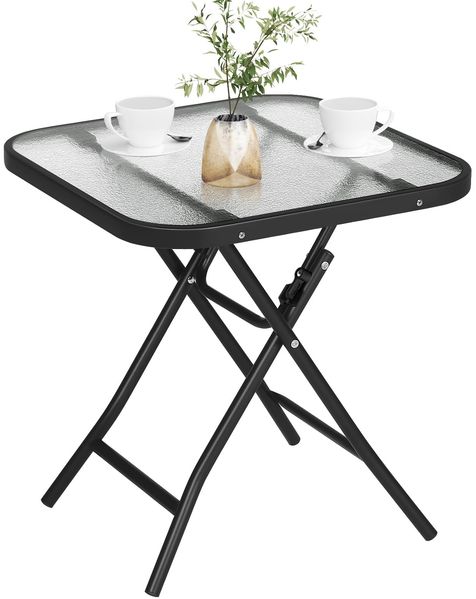 eSituro Klapptisch, Beistelltisch klappbar, Balkontisch Campingtisch Gartentisch Bistrotisch, mit Metallrahmen, rechteckige Tischplatte aus gehärtetem Glas, 46 x 46 x 48 cm, Schwarz+transparent