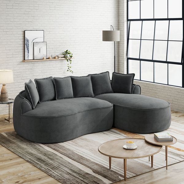 Flieks Modulares L-Form Cloud Sofa, extra tiefe Sitzfläche, breit gepolstert, mit Chaiselongue links & Kissen, kein Aufbau nötig, Chenille, Grau