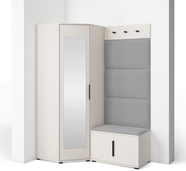 Garderoben-Set Napoli Version 17: Eckschrank mit Polsterpaneelen, Schuhschrank und Schrankaufsatz Flur und Eingangsbereich (Cashmere/Trinity 14), 189 x 70 x 140 cm