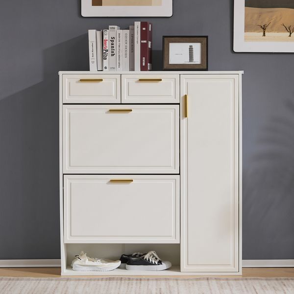 Schuhschrank modern, weiß, mit verstellbaren Regalen & Schubladen, goldenen Griffen, 95x24x107,5 cm