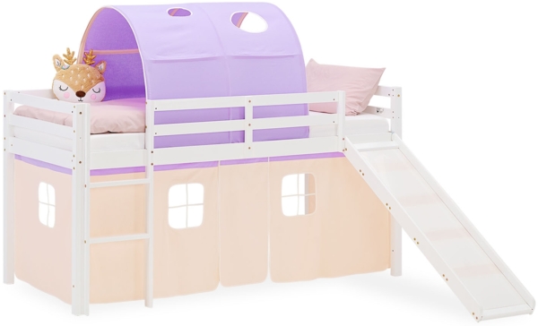 Hochbett Kinder 90x200 cm mit Rutsche Kinderbett Kinderhochbett Stockbett Vorhang Tunnel Lila Peach Holz Massiv