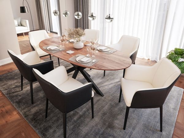 Esstisch mit 6 Stühlen Kunstleder beige DARON 200 Oval Walnuss Furnier lackiert : Walnuss