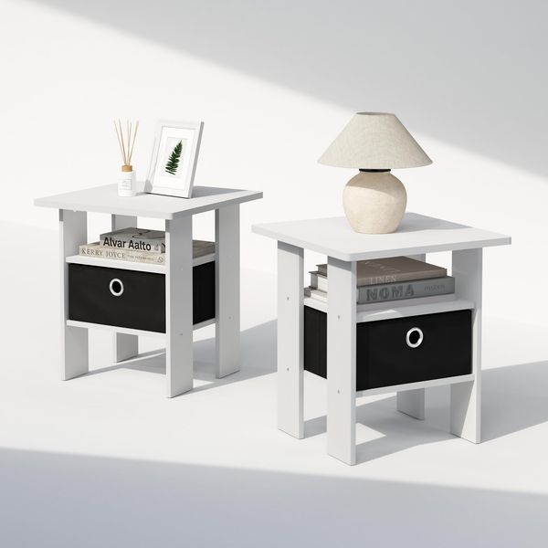 Furinno TIDUR Nachttisch-Set 2-teilig, Nachttisch mit offenem Regal und Aufbewahrungsbox, Nachttisch am Bett, Endtisch, Beistelltisch, für Schlafzimmer, Wohnzimmer, Weiß