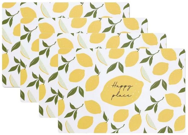 Levandeo® Platzset 4er Set Platzsets Zitrone 45x30 cm Happy Place Sommer Platzdecke Tischs, hitzebeständig, abwischbar