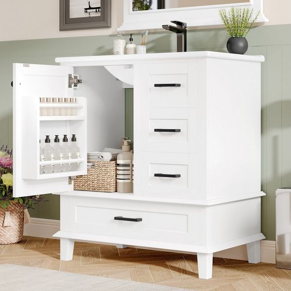 TavilaEcon Waschbeckenschrank Bodenstehender Badezimmerschrank mit integriertem Keramikwaschbecken komplett lackiert, mit 4 Schubladen und 1 Tür, 76×46×83.5cm