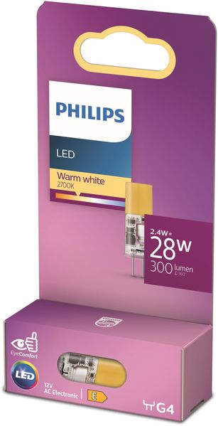 Philips LED Standard Brenner, Ersatz für Halogen 28W, G4 Sockel, warmweißes Licht 2700K, Klar
