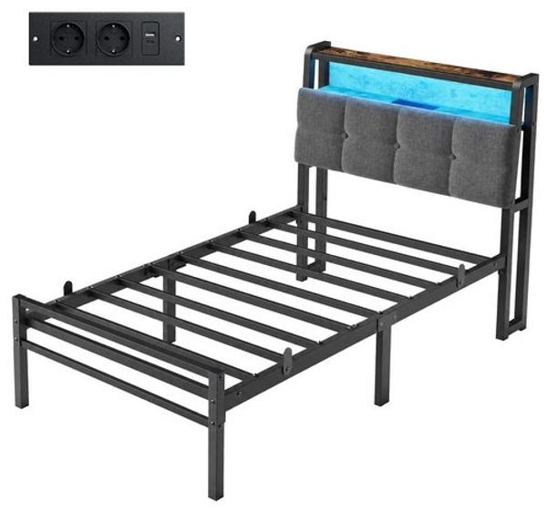VASAGLE Bettgestell 90 x 200 cm mit Stauraum, Metallrahmen, Bett mit LED-Beleuchtung und Kopfteil, schwarz-braun