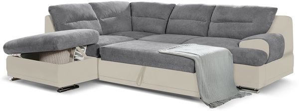 Mivano Schlafsofa Coast / Großes Ecksofa mit Schlaffunktion, Stauraum und Ottomane links / 264 x 88 x 217 / Materialmix: Grau/Beige