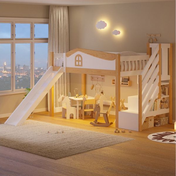 Flieks Hochbett Kinderbett 90x200 cm mit Stauraumtreppe, Rutsche, LED-Lichtleiste