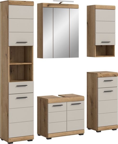 welltime Badmöbel-Set SIENA, 5 teilig, inklusive LED Beleuchtung, bestehend aus:, (Set, 5-St, TOPSELLER), Hochschrank, WBU, Spiegelschrank, Unterschrank, Hängeschrank