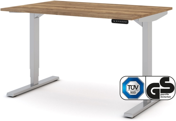 ASSMANN Elektrisch höhenverstellbarer Schreibtisch Y-Line 120x80cm Eiche Tabak Weißaluminium Metall Holz Melaminoberfläche