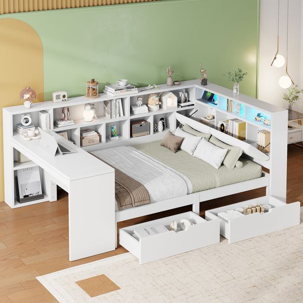 L-förmiges Tagesbett 140x200 mit Schreibtisch, Multifunktionsbett mit LED-Kopfteil, USB, Bücherregal und Stauraum, weiß