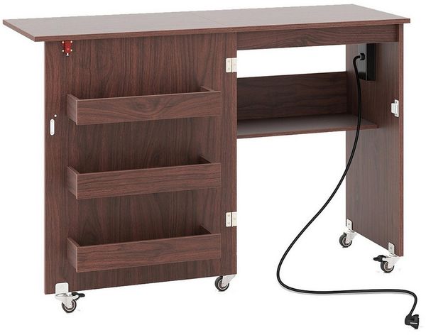 COSTWAY Schreibtisch, 2 in 1 Nähtisch klappbar mit Ladestation, Rollen