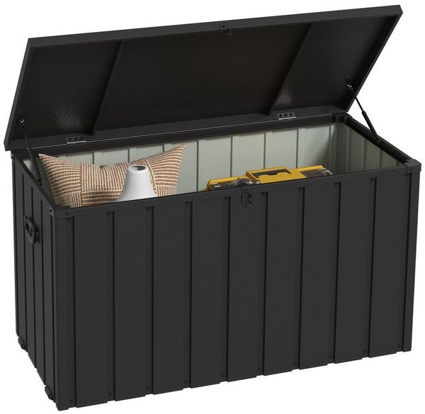 Outsunny Gartenbox Auflagenbox 450L Aufbewahrungsbox mit Gasdruckfedern (geräteschuppen, 1 St, Aufbewahrungskiste), für Garten, Balkon, Stahl, Dunkelgrau
