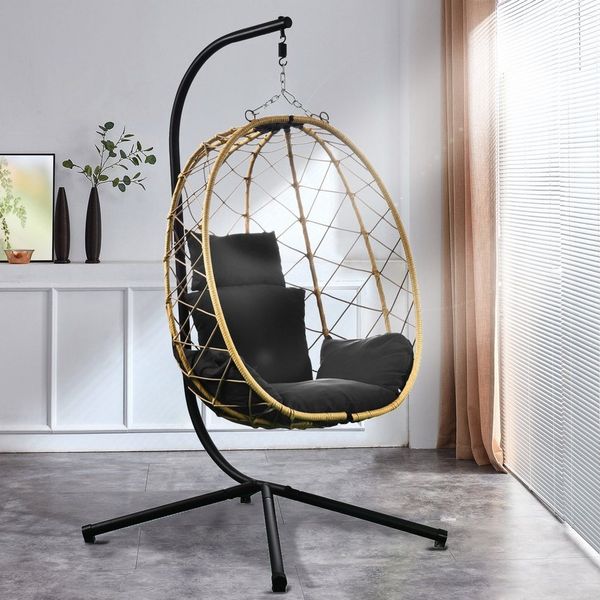 Luxus Hängesessel NEW XXL Gestell Schwarz mit Korb Natur und Kissen Dunkel Grau