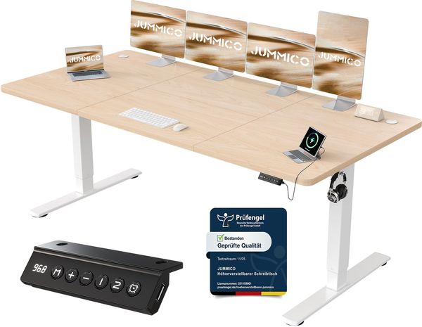JUMMICO Schreibtisch elektrisch höhenverstellbar mit USB-Ladeanschluss, Beige, 200x80 cm