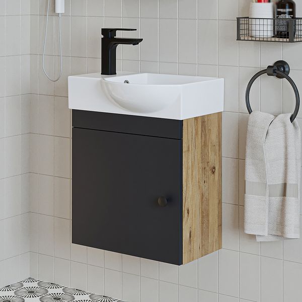 Roomart PUNTO Badmöbel Set– 2-teiliges Badezimmermöbel Set - Waschbecken mit Unterschrank - H 45 x B 24.5 x T 46.5 cm • Anthrazit-Eiche