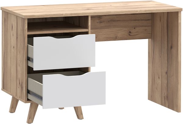 Forte VANKKA Schreibtisch 120, Skandi Schreibtisch mit 2 Schubladen, offenen Fach und filigranen Möbelbeinen, Holzwerkstoff, Planked Eiche Holzdekor, 119,7 cm breit x 75 cm hoch x 52,7 cm tief Bild 5