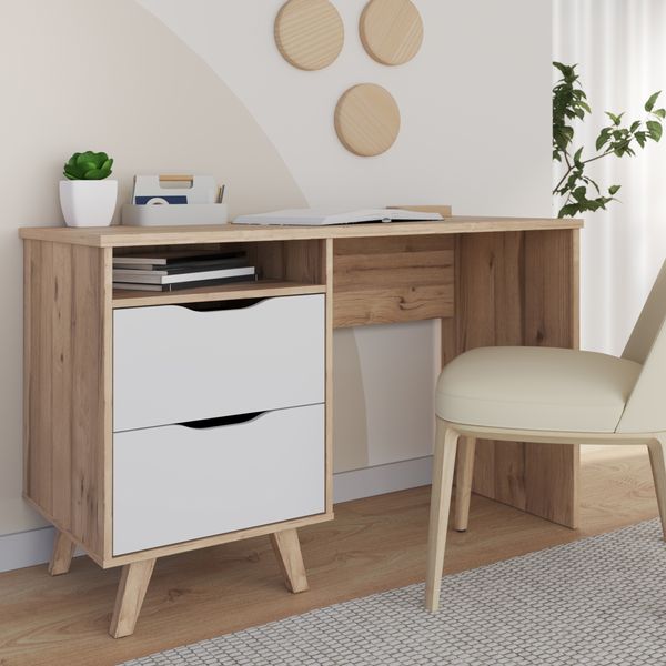 Forte VANKKA Schreibtisch 120, Skandi Schreibtisch mit 2 Schubladen, offenen Fach und filigranen Möbelbeinen, Holzwerkstoff, Planked Eiche Holzdekor, 119,7 cm breit x 75 cm hoch x 52,7 cm tief