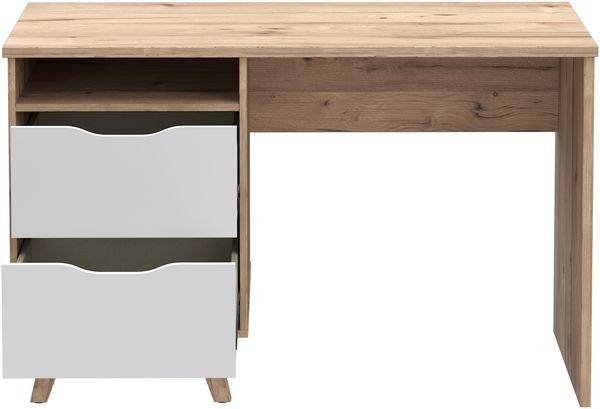 Forte VANKKA Schreibtisch 120, Skandi Schreibtisch mit 2 Schubladen, offenen Fach und filigranen Möbelbeinen, Holzwerkstoff, Planked Eiche Holzdekor, 119,7 cm breit x 75 cm hoch x 52,7 cm tief Bild 4