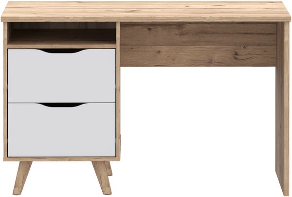 Forte VANKKA Schreibtisch 120, Skandi Schreibtisch mit 2 Schubladen, offenen Fach und filigranen Möbelbeinen, Holzwerkstoff, Planked Eiche Holzdekor, 119,7 cm breit x 75 cm hoch x 52,7 cm tief Bild 2