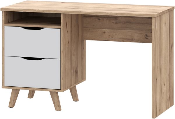 Forte VANKKA Schreibtisch 120, Skandi Schreibtisch mit 2 Schubladen, offenen Fach und filigranen Möbelbeinen, Holzwerkstoff, Planked Eiche Holzdekor, 119,7 cm breit x 75 cm hoch x 52,7 cm tief Bild 8