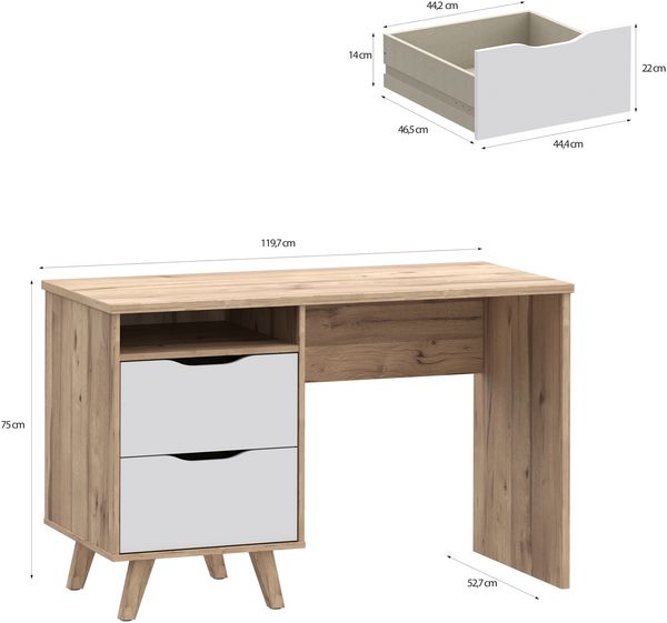Forte VANKKA Schreibtisch 120, Skandi Schreibtisch mit 2 Schubladen, offenen Fach und filigranen Möbelbeinen, Holzwerkstoff, Planked Eiche Holzdekor, 119,7 cm breit x 75 cm hoch x 52,7 cm tief Bild 6