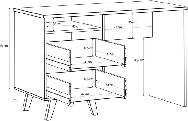 Forte VANKKA Schreibtisch 120, Skandi Schreibtisch mit 2 Schubladen, offenen Fach und filigranen Möbelbeinen, Holzwerkstoff, Planked Eiche Holzdekor, 119,7 cm breit x 75 cm hoch x 52,7 cm tief Bild 7