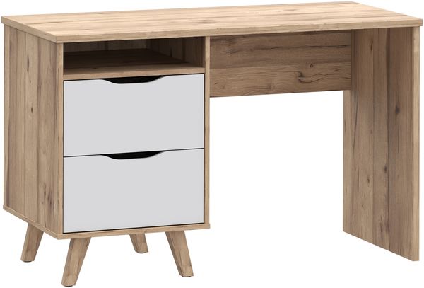 Forte VANKKA Schreibtisch 120, Skandi Schreibtisch mit 2 Schubladen, offenen Fach und filigranen Möbelbeinen, Holzwerkstoff, Planked Eiche Holzdekor, 119,7 cm breit x 75 cm hoch x 52,7 cm tief Bild 3