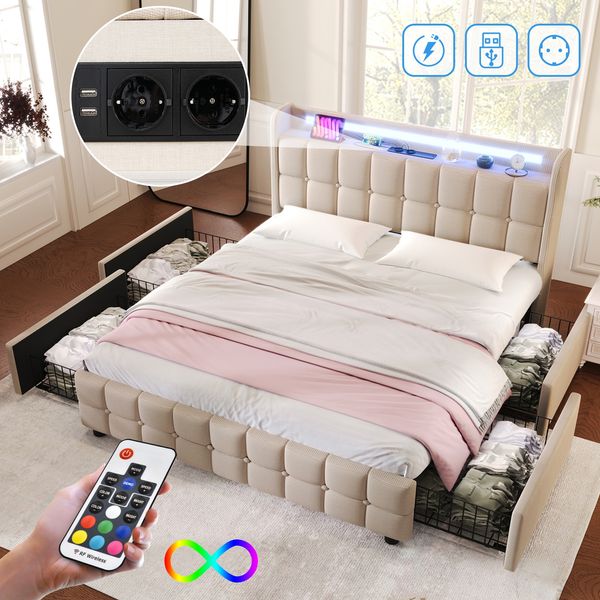 Einzelbett 160 × 200 cm mit Steckdosen,USB-Anschlüssen und LED-Beleuchtung,4 Schubladen,Leinenbezug in Beige