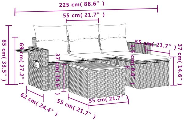 vidaXL 5-tlg. Garten-Sofagarnitur mit Kissen Schwarz Poly Rattan 3224530 Bild 9