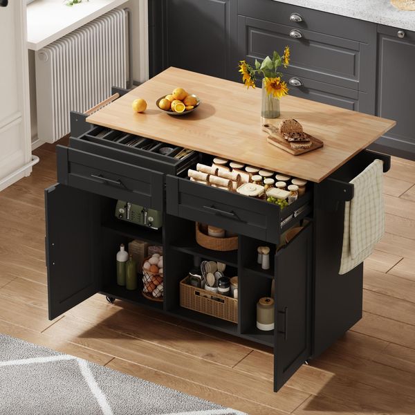 Merax 145 cm Kücheninsel, multifunktionale mobile Kücheninsel mit klappbarer Arbeitsplatte, verstellbaren Regalen, 5 Rollen, verdeckter Besteckschublade, Schwarz