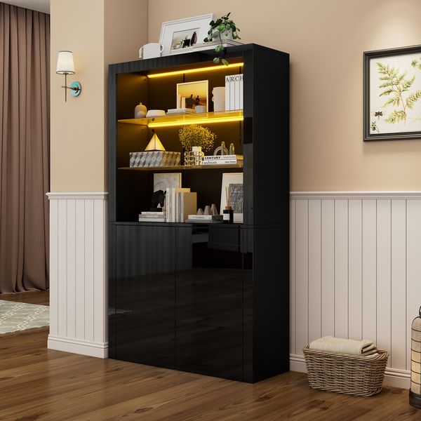 Vitrine schwarz freistehend 100x35x170 cm LED Beleuchtung Glasböden Schrank Spanplatte
