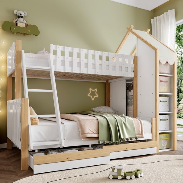 Kinder Hochbett 90x200 cm + 140x200 cm Weiß,Leiter und 2 Schubladen,Geländer und Stauraum, Doppelstockbett aus Holz