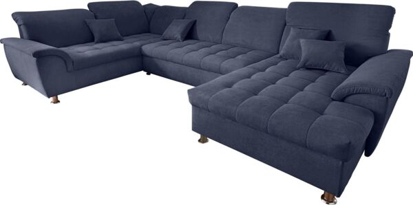 DOMO collection Wohnlandschaft Franzi optional mit Bettfunktion, Bettkasten & Kopfteilverstellung, U-Form, Recamiere rechts, marine, B/T: 344/206 cm