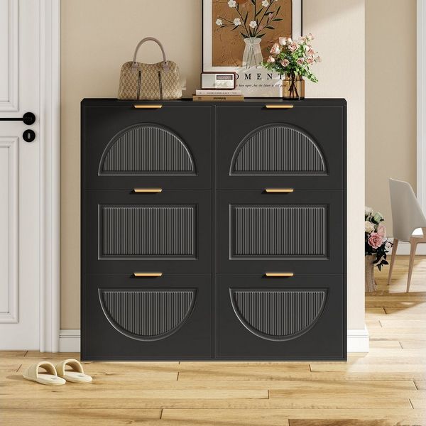 Flieks Schuhschrank (B118/T25/H115 cm, 1-St, ca 24 Paar Schuhe) Schuhregal mit 6 Klappen Schuhkipper Schuhkommode Schwarz