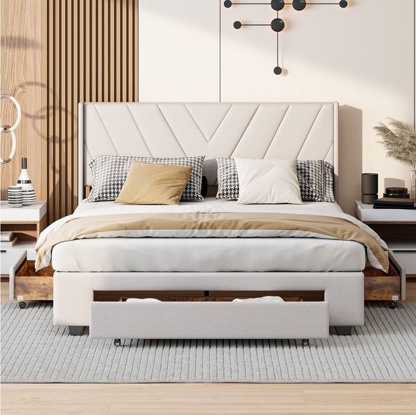 FUROKOY Polsterbett Doppelbett Stauraumbett mit 3 Schubladen mit Rädern Leinenmaterial, 140x200 cm,Gepolstert,mit Stauraum,Beige,Weich und bequem