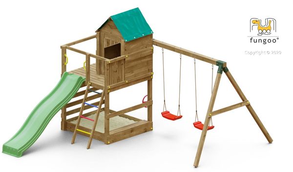 Fungoo Spielturm "Jarcas 4", teak,mit Doppelschaukel, Rutsche, Sandkasten, Holzdach und Leiter