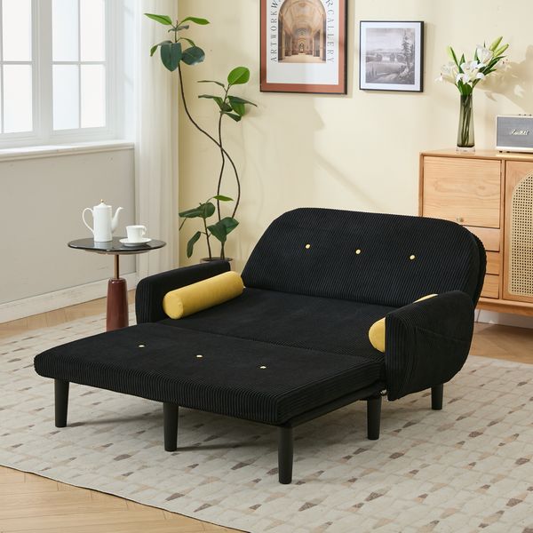 Sofa in Schwarz mit verstellbarer Rückenlehne, Cordbezug und 2 Kissen,133.5x77x85 cm