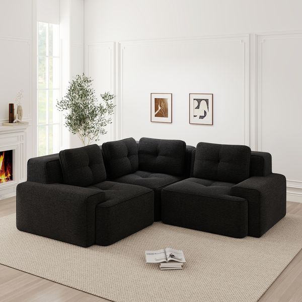 3-Sitzer Sofa 177x104x69 cm aus Cordstoff rahmenlos modular, schwarz