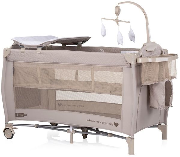 Chipolino Reisebett Bella 2 Ebenen seitlicher Eingang Musikmobile Wickelauflage braun gemustert